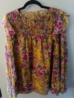 Yellow Floral Smocked Yoke Long-Sleeve Top